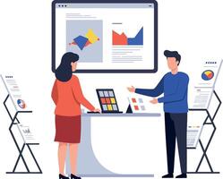 Two professionals engaged in a collaborative meeting with digital presentations in a flat design illustration vector