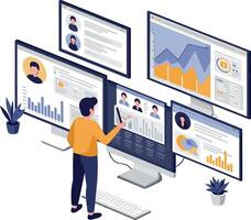 A professional analyzing data on multiple screens in a sleek, modern workspace using minimal art style for clarity and focus in the digital landscape vector