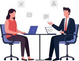 Two professionals engaged in a discussion at a table, minimal design style, showcasing collaboration and communication in illustration vector