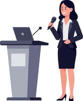 Confident woman delivering a presentation at a podium with a laptop in a flat, modern design illustration vector