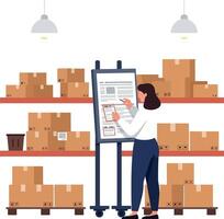 A woman managing inventory in a modern warehouse, surrounded by neatly stacked boxes, using a clipboard in flat art vector
