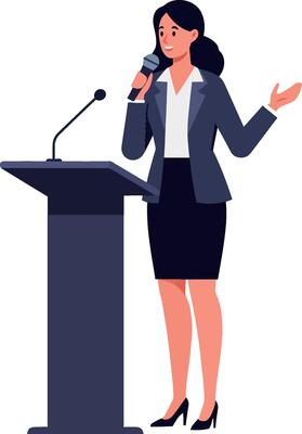 Confident businesswoman speaking at a podium in a professional setting, minimal design style, engaging audience through illustration