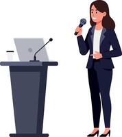Confident woman presenting at a podium with a microphone in a professional flat illustration setting vector