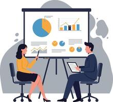 Two professionals engaged in a collaborative presentation in a modern office setting featuring minimal illustration with charts and graphs in the background art vector