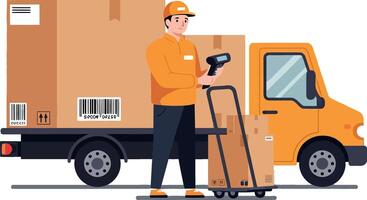 Delivery worker in orange uniform using a hand truck beside a delivery van with packages and boxes in flat art vector