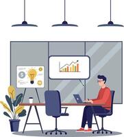 A young man working on a laptop at a modern office desk with growth charts in a minimal illustration vector