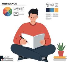 A young man sitting cross-legged on a floor, reading a book, in a minimal and modern workspace, illustration vector