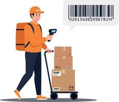 Delivery worker in orange uniform scanning packages with a handheld device while pushing a cart loaded with cardboard boxes, flat illustration vector