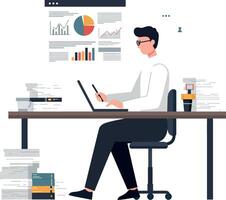 A focused man working at a desk with charts and graphs in a minimal illustration showcasing productivity and organization vector
