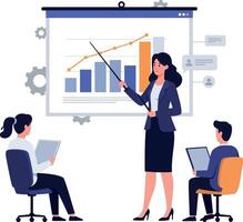 Business presentation scene with a professional woman pointing at a growth chart in a flat illustration style featuring two attentive colleagues vector