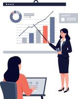 Businesswoman presenting data analysis in a modern office setting with flat design elements in vibrant colors illustration vector