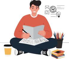 Young man sitting cross-legged with sketchbook in hand, engaging in creative drawing, minimal flat illustration vector