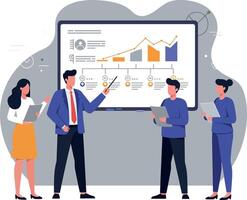 Business team collaboratively analyzing data with charts on a screen in a modern meeting space, flat illustration vector