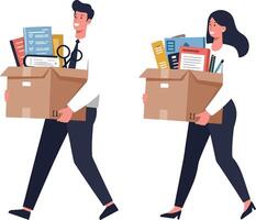 Two office workers carrying cardboard boxes filled with documents and supplies in a minimal flat illustration vector