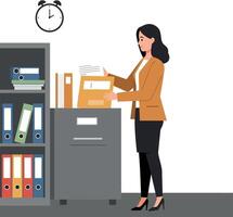 A professional woman organizing files in a modern office setting with minimal design elements in vibrant colors, illustration vector