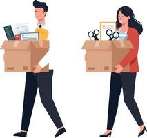 Two professionals carrying cardboard boxes filled with office supplies in a minimal illustration style reflecting a transitional workplace atmosphere vector