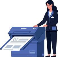 A professional woman in a suit operating a blue printer while documents print, showcasing a flat design style in art vector