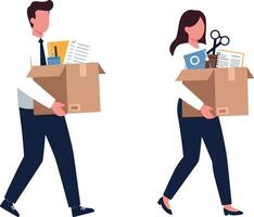 Two office workers carrying cardboard boxes filled with supplies in a minimal and modern design style, illustration vector
