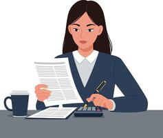 A focused businesswoman analyzing data with a calculator, surrounded by documents and a cup of coffee in a flat art style vector