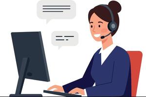 Friendly customer service representative working at a computer with headset in a flat illustration, engaging in communication with clients vector