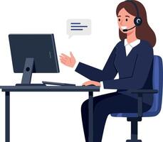 A friendly woman wearing a headset engaging with a computer during a customer support call in flat art vector
