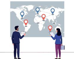 Two professionals analyzing a world map with location markers in a flat illustration style, conveying teamwork and exploration vector