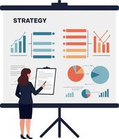 Businesswoman presenting data on a large strategy board with colorful graphs and charts in a flat illustration vector