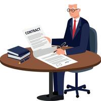 A professional man in a suit reviewing a contract at a desk surrounded by books in a flat illustration vector