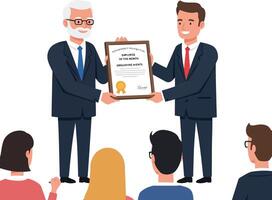 Two men exchanging a certificate in a formal setting with an audience, detailed flat illustration vector
