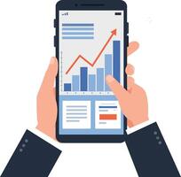 Hands holding a smartphone displaying a detailed financial graph in a flat design style, showcasing growth trends in art vector