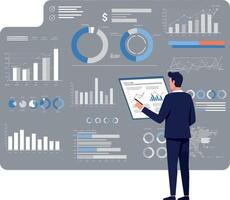Business professional analyzing data on a tablet in front of detailed charts and graphs in flat art vector