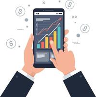 Hands holding a smartphone displaying financial graphs in a minimal illustration with a modern business theme vector