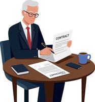 A professional elderly man in a suit reviewing a contract at a wooden table in a minimal illustration style vector