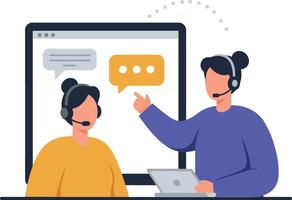 Two customer service representatives engaged in conversation with a computer and speech bubbles in a flat illustration vector