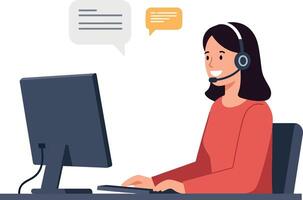 A woman wearing a headset, engaged in a conversation while typing at a computer, minimal illustration vector