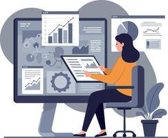 A woman analyzing data on a large computer screen in a minimalistic workspace with abstract graphs and charts, modern illustration vector