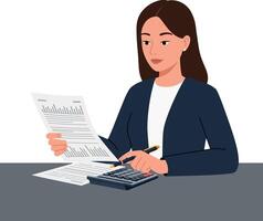 A focused woman analyzing financial reports while using a calculator in a minimalistic office setting, depicted in flat art vector