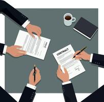 Hands of business professionals engaged in a contract signing meeting with minimal flat design art vector