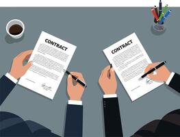 Two business professionals signing contracts in a modern office setting, showcasing a flat design style, illustration vector