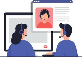 Two people engaged in a call while wearing headsets, showcasing a modern and minimalistic flat design illustration vector