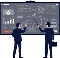 Two business professionals analyzing data on a large screen in a flat illustration, showcasing charts and graphs for strategic planning art vector
