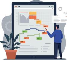 A business professional analyzing project progress on a large tablet screen in a flat illustration with greenery in the setting vector