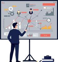 Business professional analyzing data trends on a presentation board in minimal illustration style, showcasing charts and graphs in a corporate setting art vector