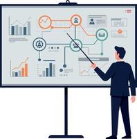 Business professional presenting data analysis with a pointer in a flat illustration showcasing graphs and charts vector