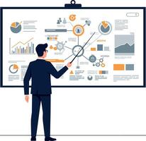 Business professional analyzing data visualizations on a large screen in a modern and minimal illustration vector