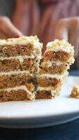 Delicious layered carrot cake being served at a cozy cafe video