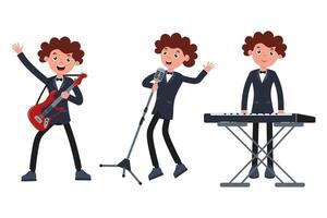 Young musician performing multiple instruments at a lively concert event vector