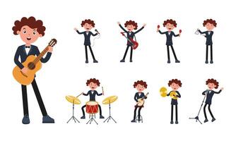 Young musician performs various instruments in vibrant animated style vector