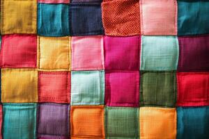 Vibrant Patchwork Fabric Texture of Multicolored Square Patterns in Bold Tones for Craft Projects photo