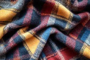 Cozy Multicolored Tartan Fabric Featuring Red Yellow Blue And Dark Gray Textured Checkered Pattern photo